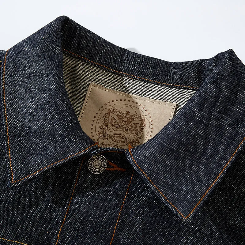Men's Japanese retro style cotton denim jacket in fruit puree solid colour with loose fit and long sleeves