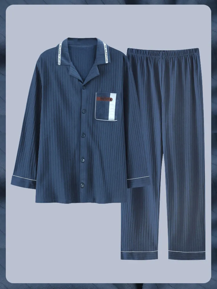 Antarctic men's pure cotton pyjama set in solid colour with long sleeves and elastic waist trousers