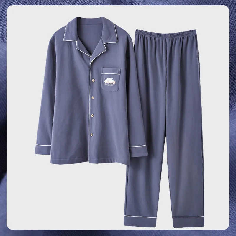 Antarctic men's pure cotton pyjama set in solid colour with long sleeves and elastic waist trousers