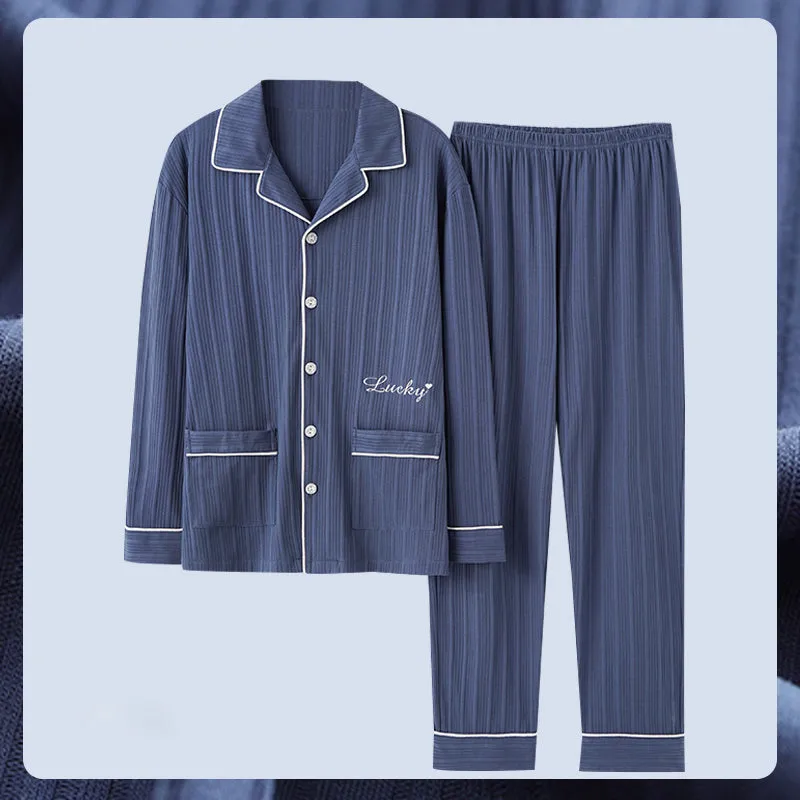 Antarctic men's pure cotton pyjama set in solid colour with long sleeves and elastic waist trousers