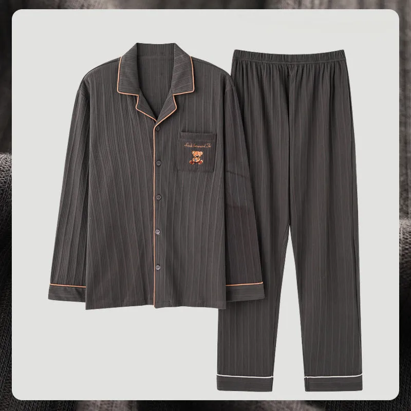 Antarctic men's pure cotton pyjama set in solid colour with long sleeves and elastic waist trousers