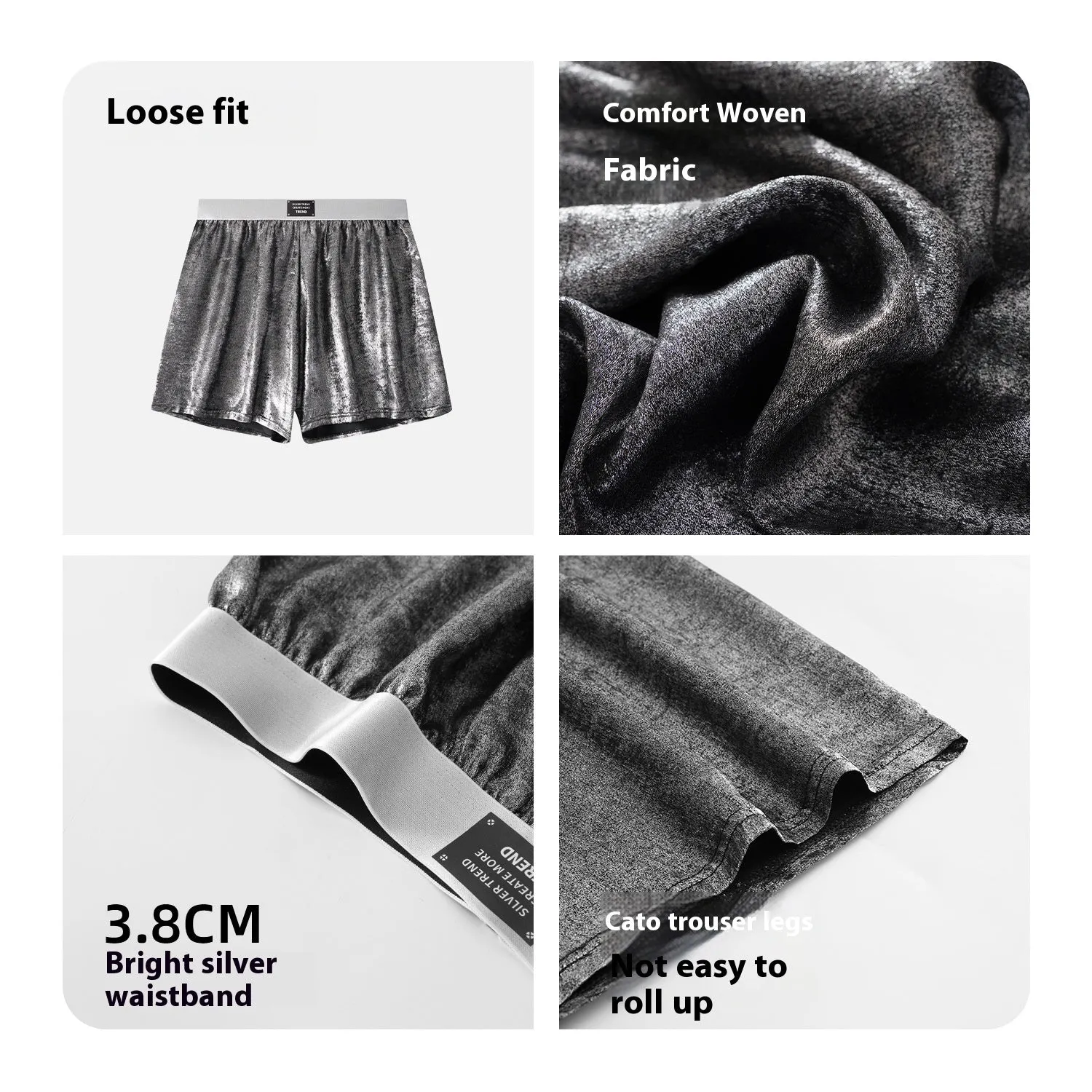 Galaxy Reflective men's woven sports underwear in loose fit, shown in silver colour.