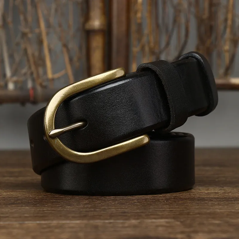 Men's genuine leather belt 3.3cm wide with copper buckle, retro casual style, khaki colour, pin-buckle fastening