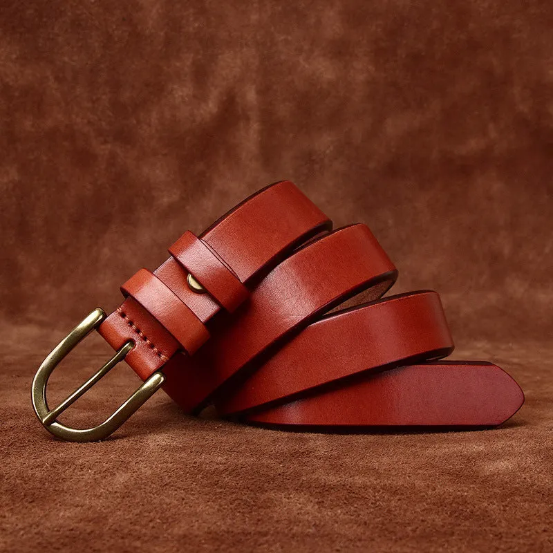 Men's genuine leather belt 3.3cm wide with copper buckle, retro casual style, khaki colour, pin-buckle fastening