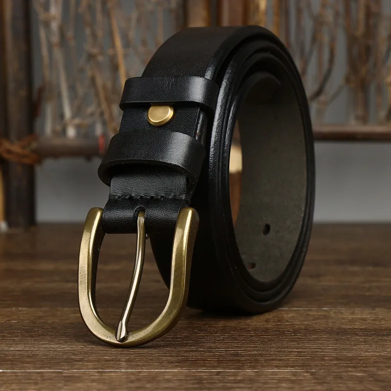 Men's genuine leather belt 3.3cm wide with copper buckle, retro casual style, khaki colour, pin-buckle fastening