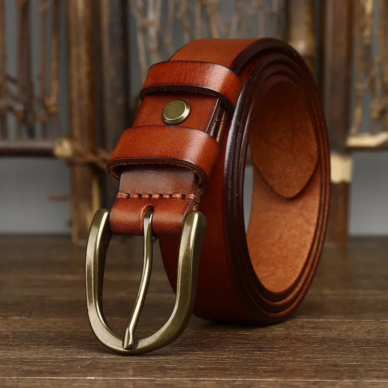 Men's genuine leather belt 3.3cm wide with copper buckle, retro casual style, khaki colour, pin-buckle fastening