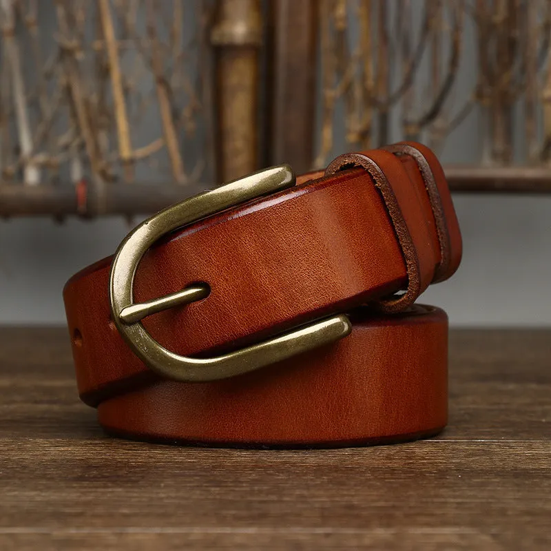 Men's genuine leather belt 3.3cm wide with copper buckle, retro casual style, khaki colour, pin-buckle fastening