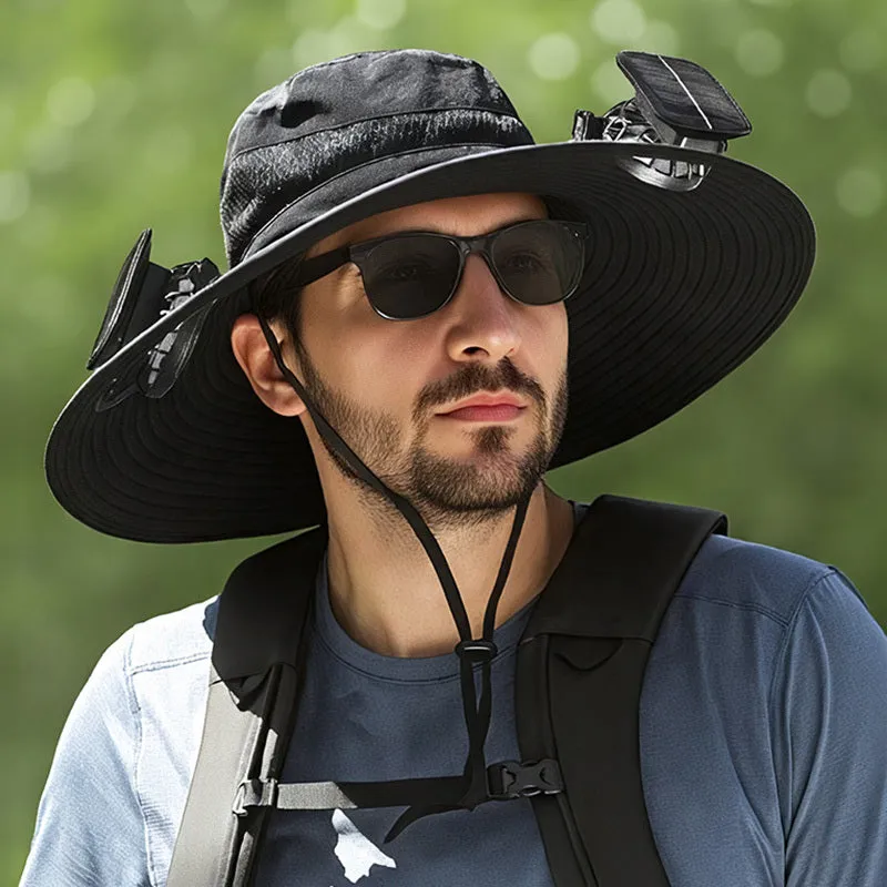 Solar-powered fan hat with integrated cooling fan and rechargeable lithium battery in fishing hat design