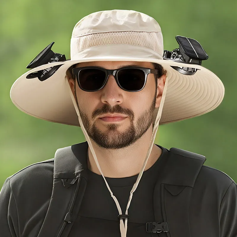 Solar-powered fan hat with integrated cooling fan and rechargeable lithium battery in fishing hat design