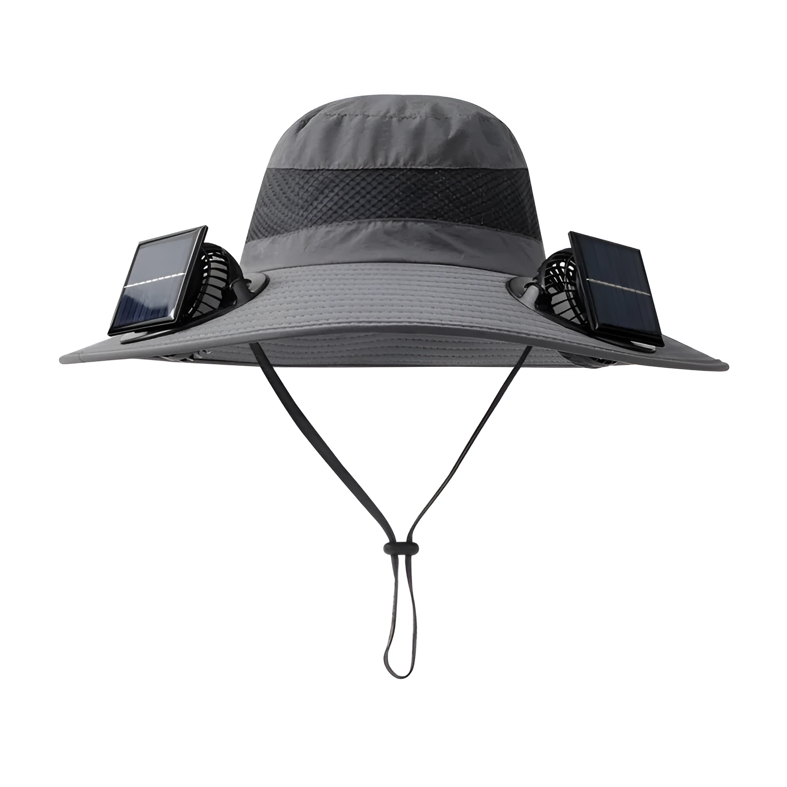 Solar-powered fan hat with integrated cooling fan and rechargeable lithium battery in fishing hat design