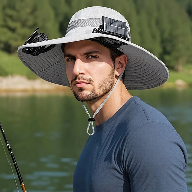 Solar-powered fan hat with integrated cooling fan and rechargeable lithium battery in fishing hat design