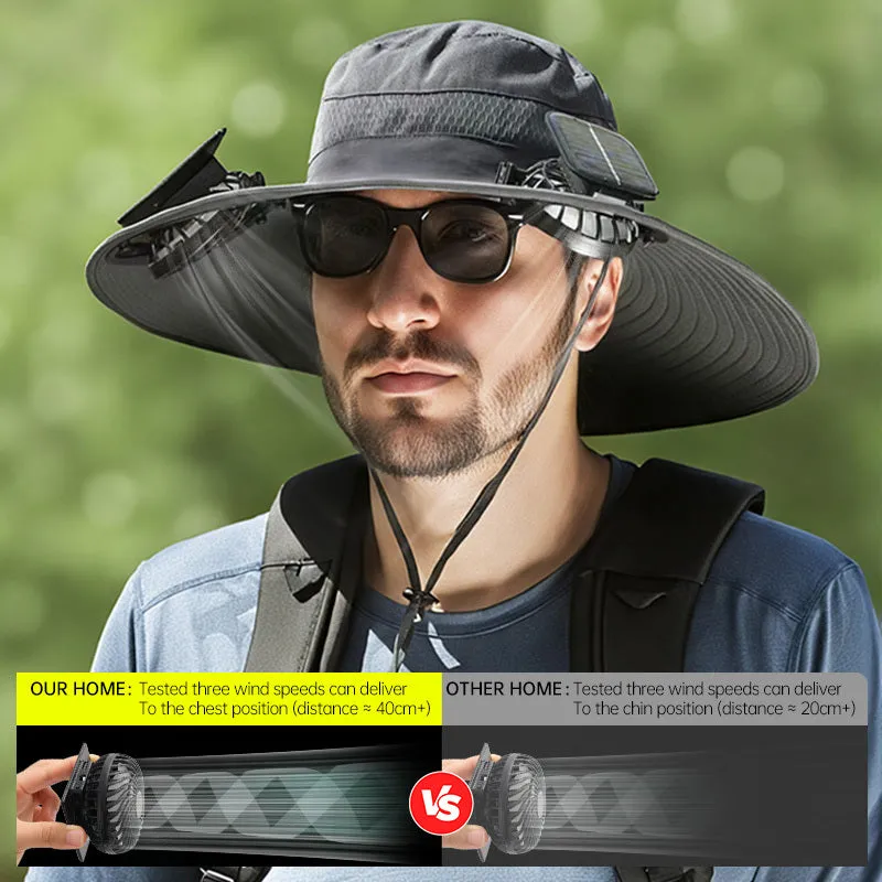 Solar-powered fan hat with integrated cooling fan and rechargeable lithium battery in fishing hat design