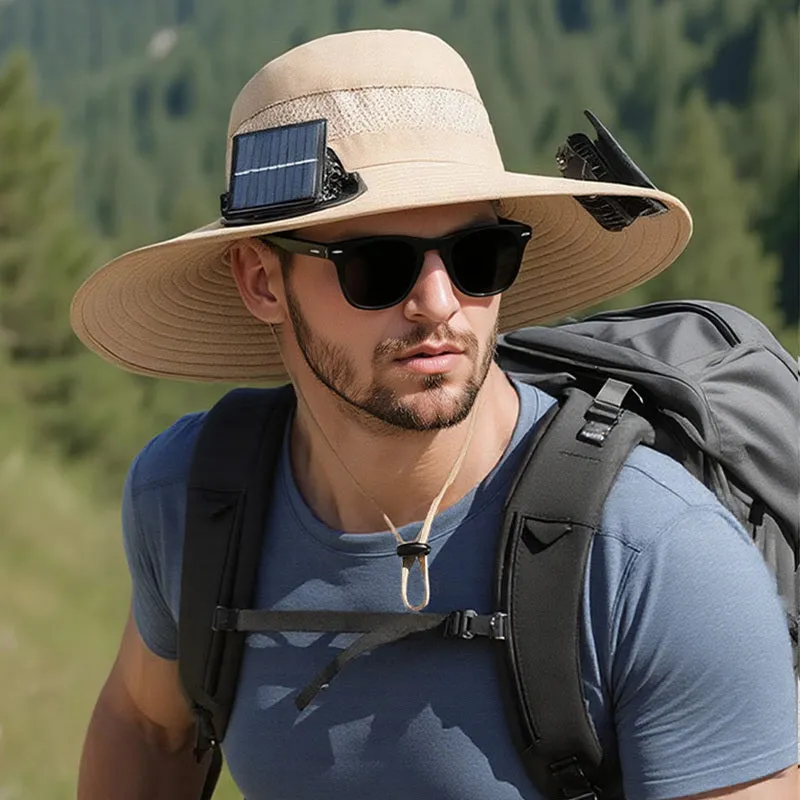 Solar-powered fan hat with integrated cooling fan and rechargeable lithium battery in fishing hat design