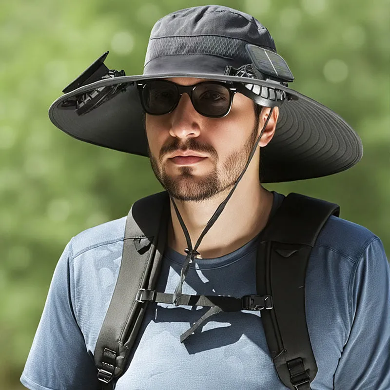 Solar-powered fan hat with integrated cooling fan and rechargeable lithium battery in fishing hat design