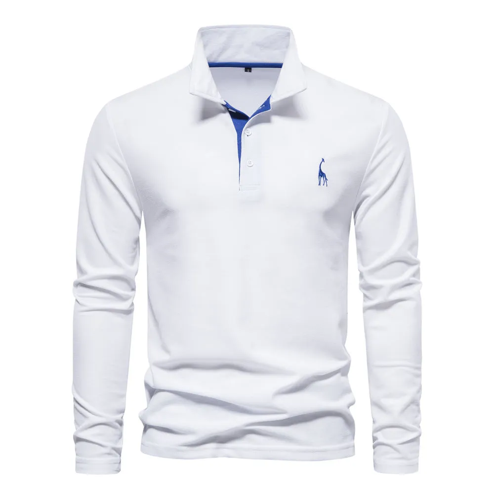 Men's casual polo long sleeve top with deer embroidery, cotton blend, available in multiple colours