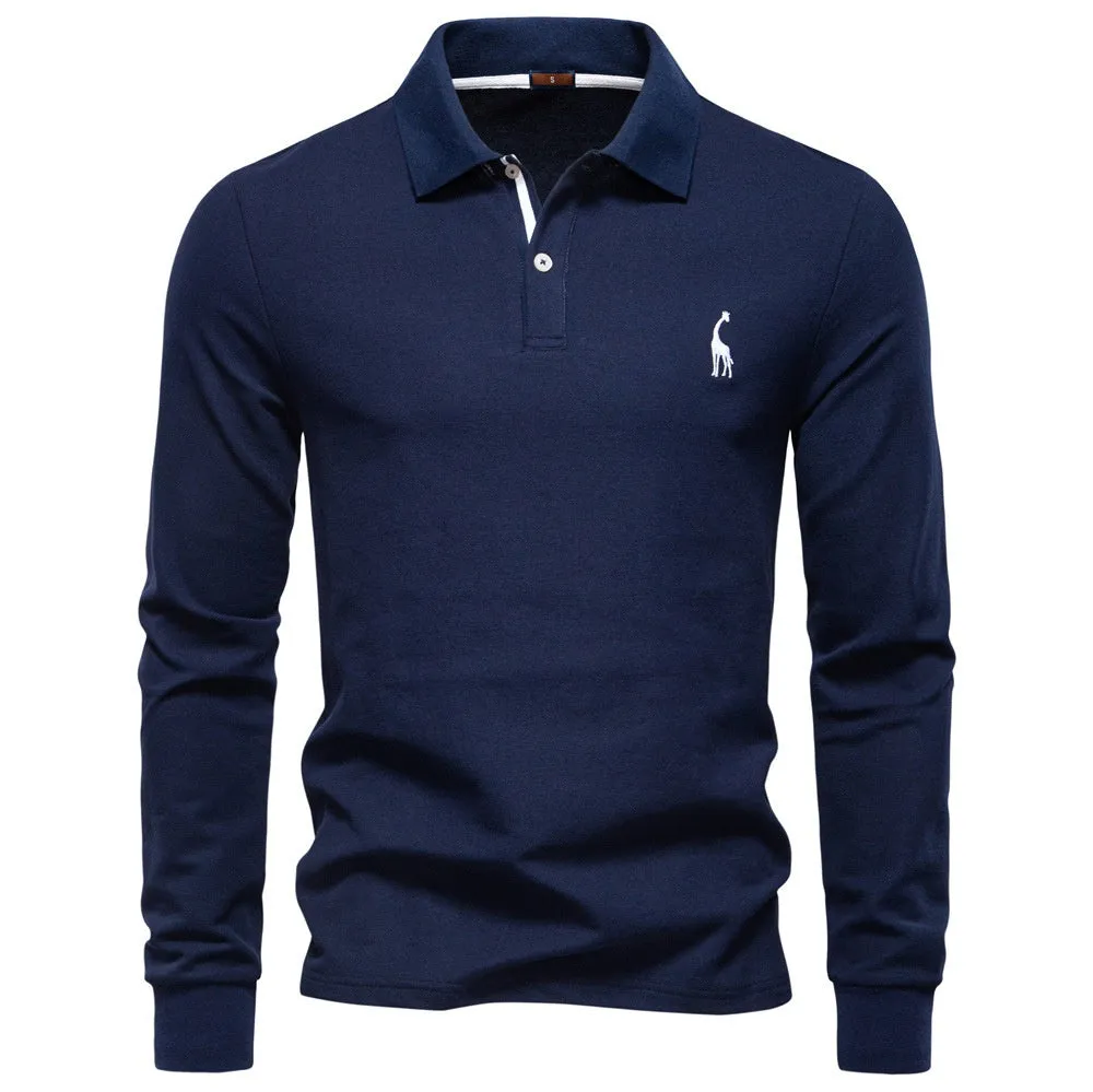 Men's casual polo long sleeve top with deer embroidery, cotton blend, available in multiple colours