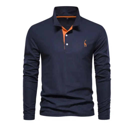 Men's casual polo long sleeve top with deer embroidery, cotton blend, available in multiple colours