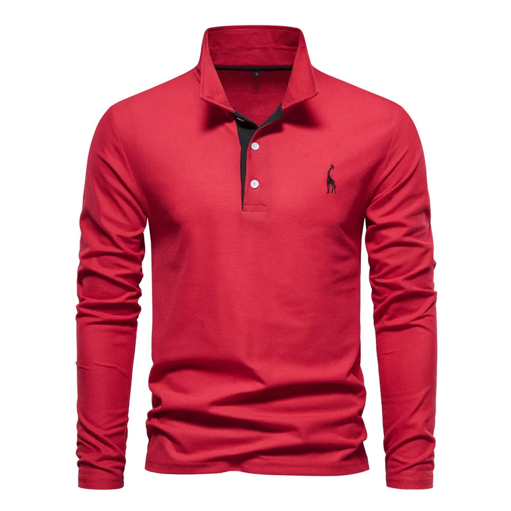 Men's casual polo long sleeve top with deer embroidery, cotton blend, available in multiple colours
