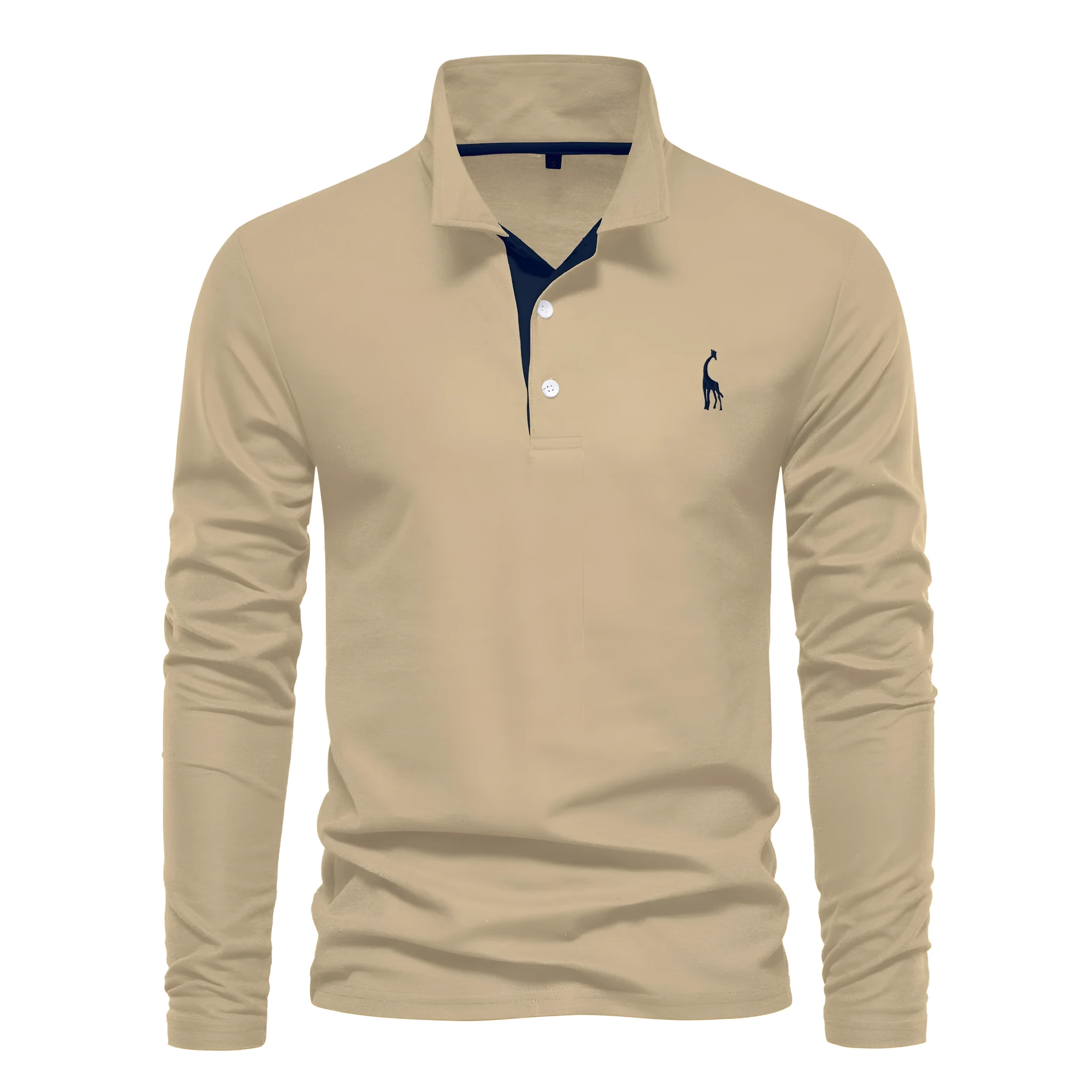 Men's casual polo long sleeve top with deer embroidery, cotton blend, available in multiple colours