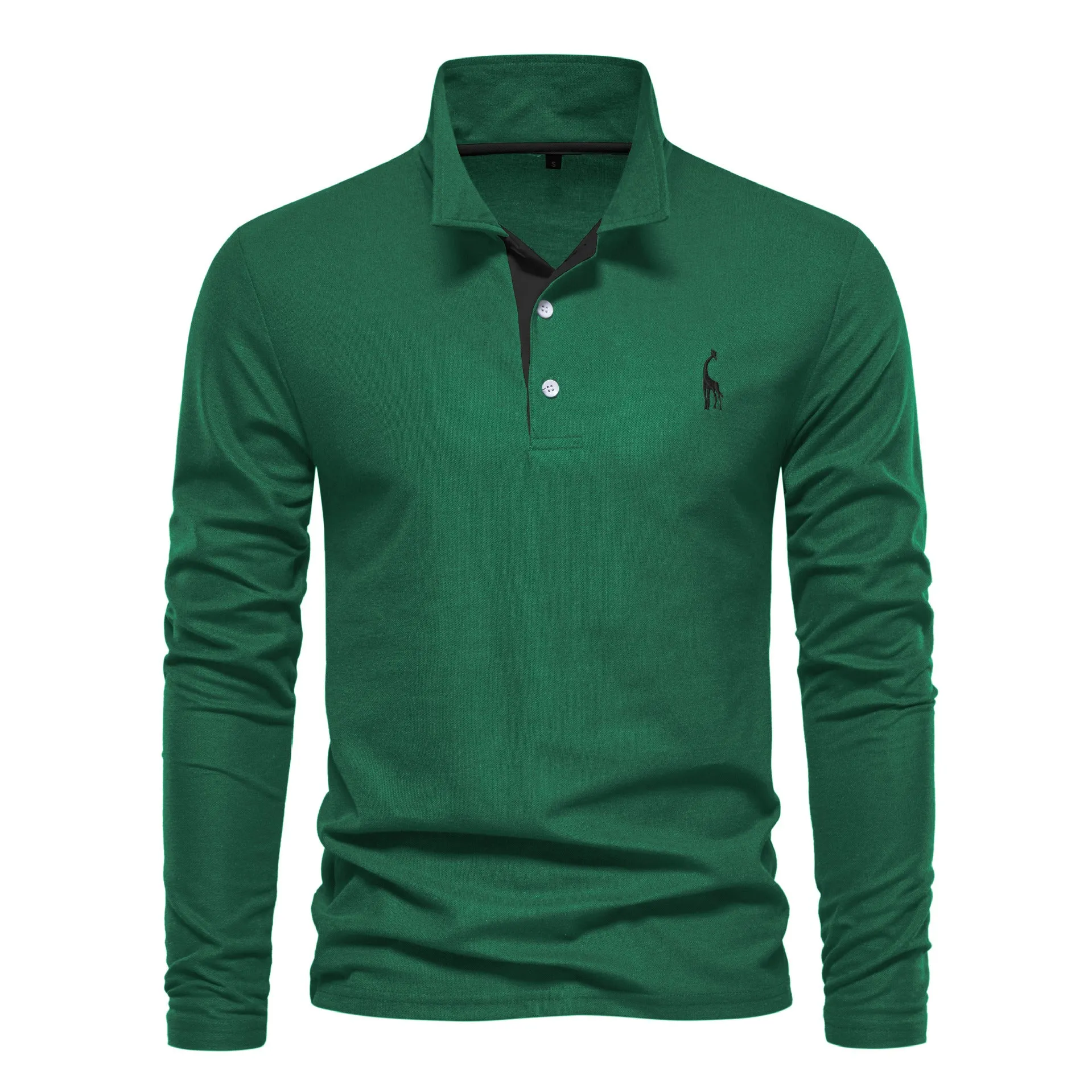 Men's casual polo long sleeve top with deer embroidery, cotton blend, available in multiple colours
