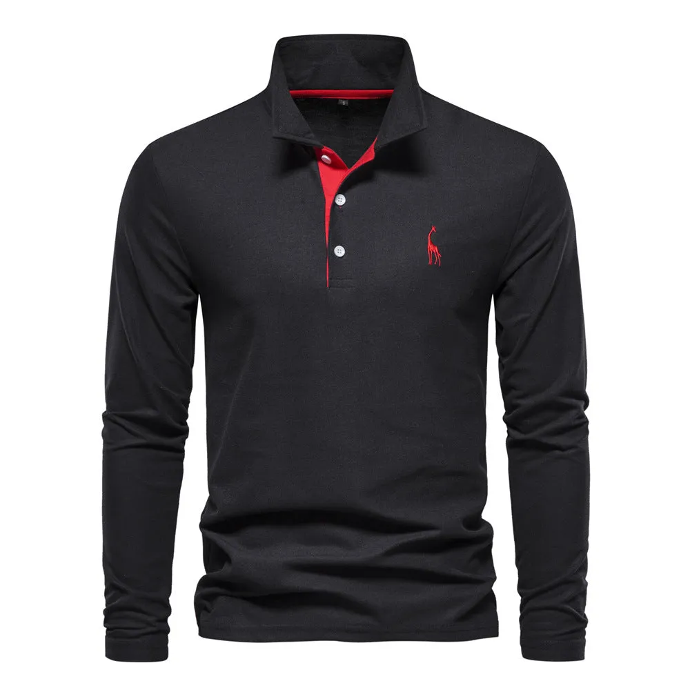 Men's casual polo long sleeve top with deer embroidery, cotton blend, available in multiple colours