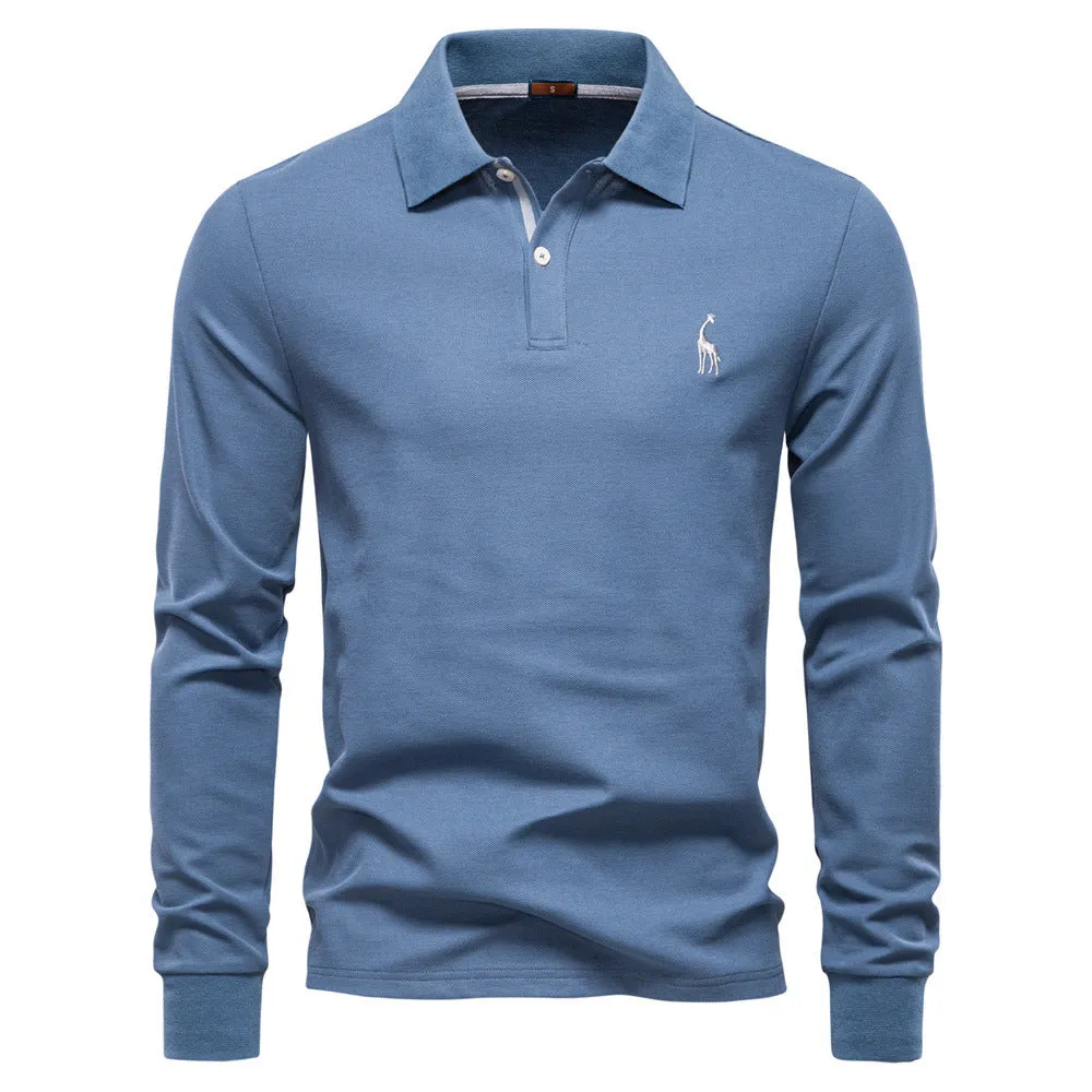 Men's casual polo long sleeve top with deer embroidery, cotton blend, available in multiple colours