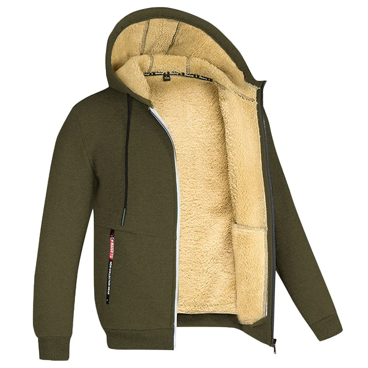 Men's fleece-lined winter cardigan coat with zipper pockets in army green, front view on model