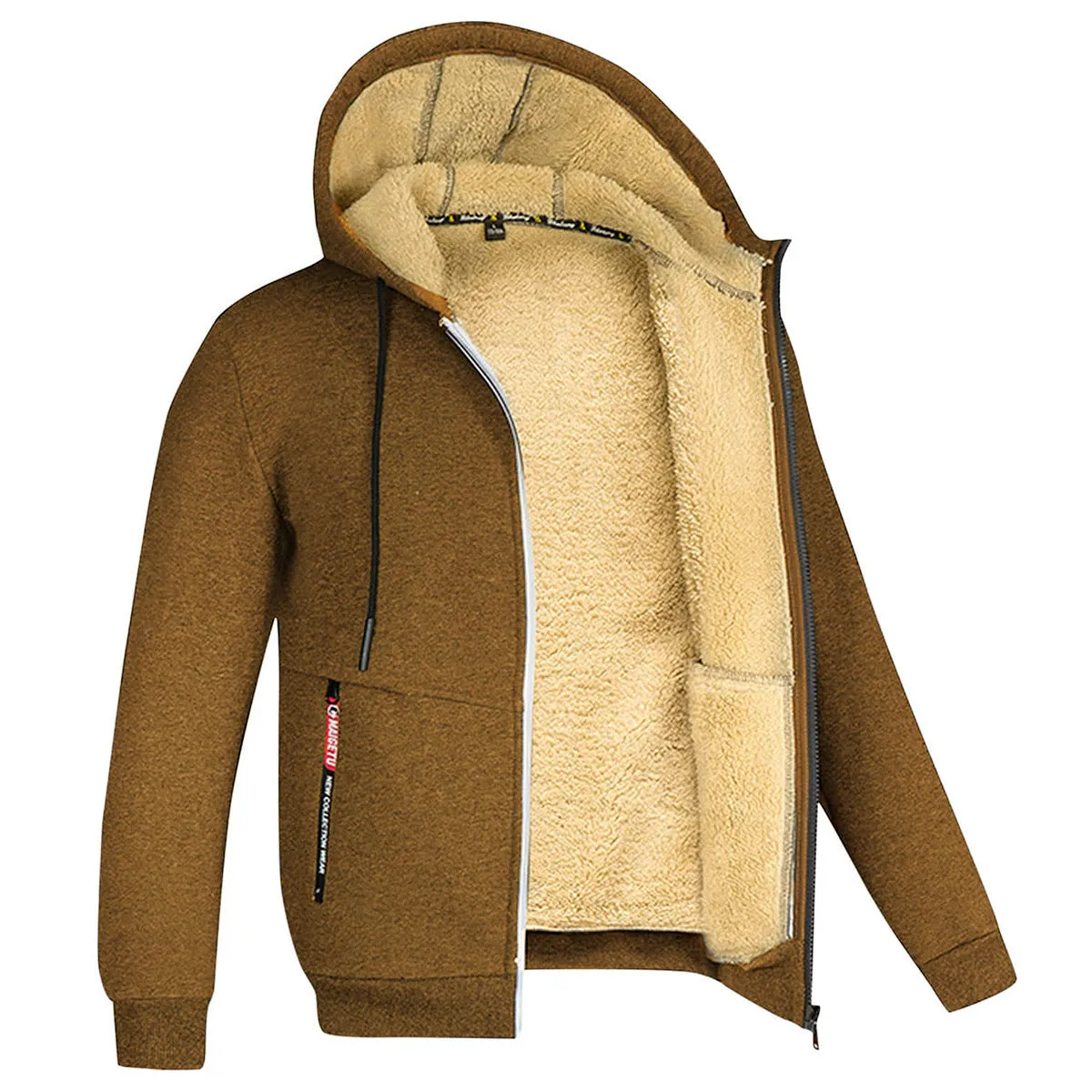 Men's fleece-lined winter cardigan coat with zipper pockets in army green, front view on model