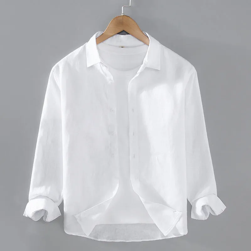Men's solid colour linen shirt in a simple long-sleeve cardigan style.