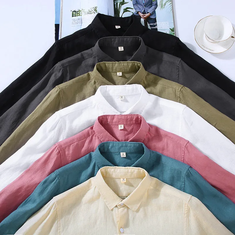 Men's solid colour linen shirt in a simple long-sleeve cardigan style.