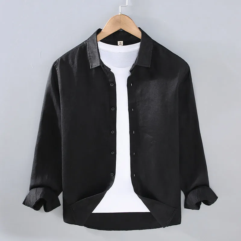 Men's solid colour linen shirt in a simple long-sleeve cardigan style.