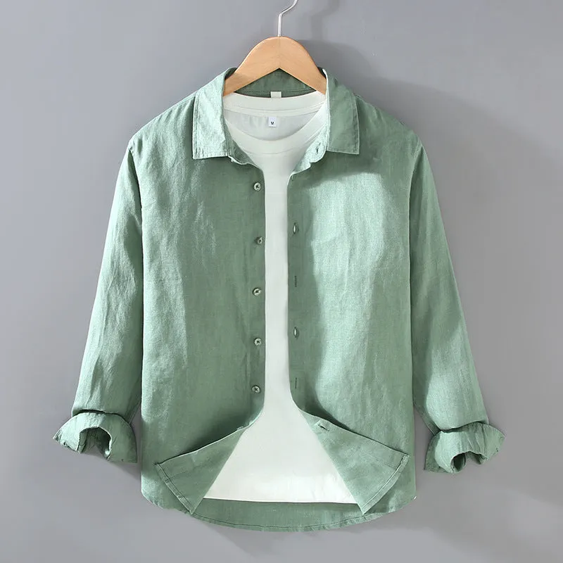Men's solid colour linen shirt in a simple long-sleeve cardigan style.