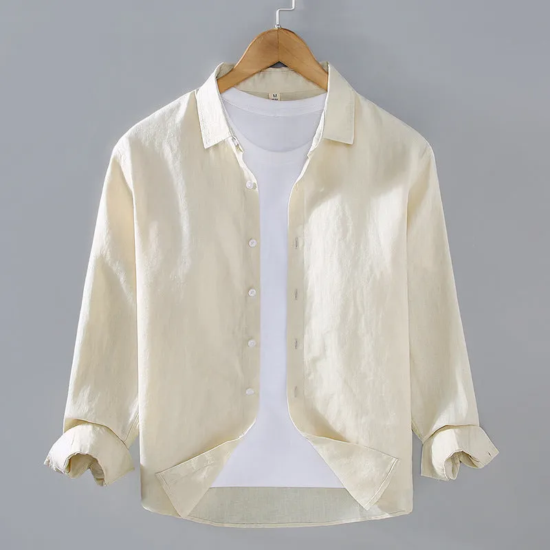 Men's solid colour linen shirt in a simple long-sleeve cardigan style.