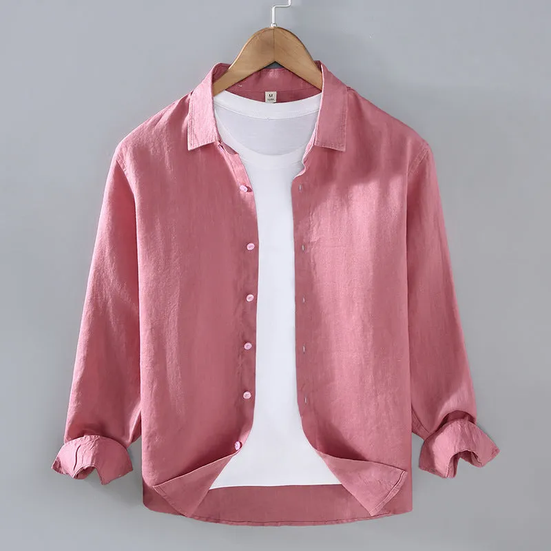Men's solid colour linen shirt in a simple long-sleeve cardigan style.