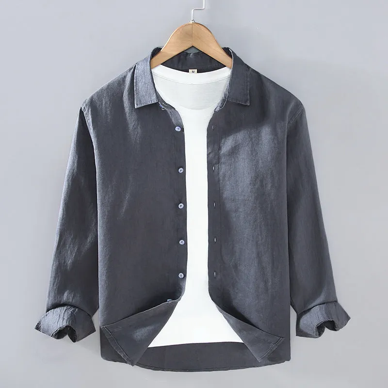 Men's solid colour linen shirt in a simple long-sleeve cardigan style.