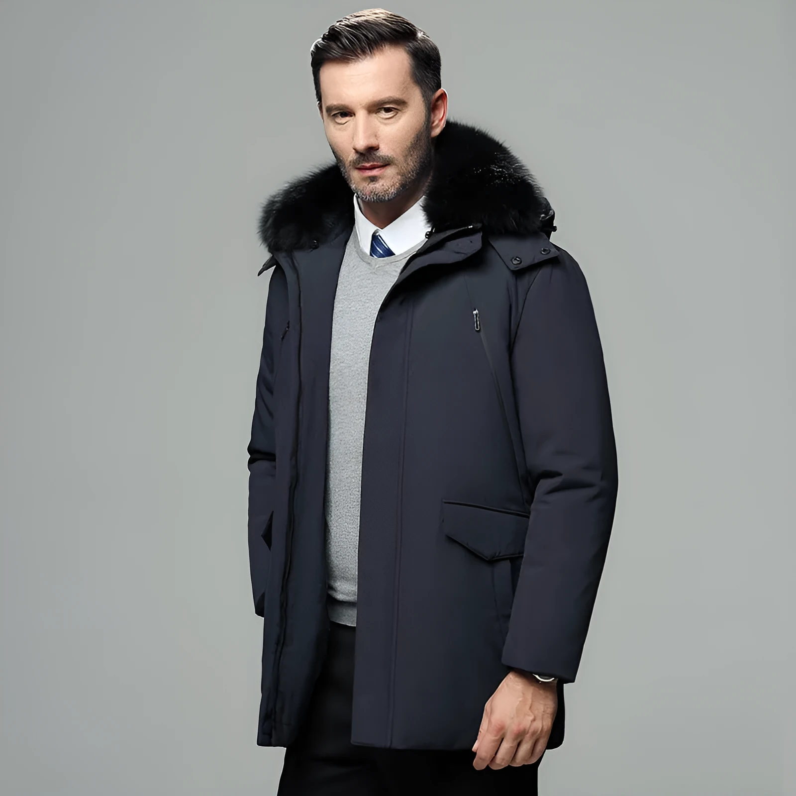 Winter jacket for dad in cotton, black colour, front view, sizes M to 4XL