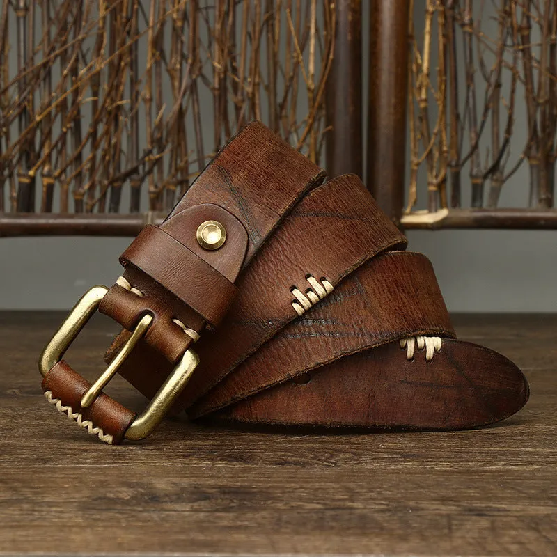 Handmade retro genuine cow leather belt with copper buckle in brown colour