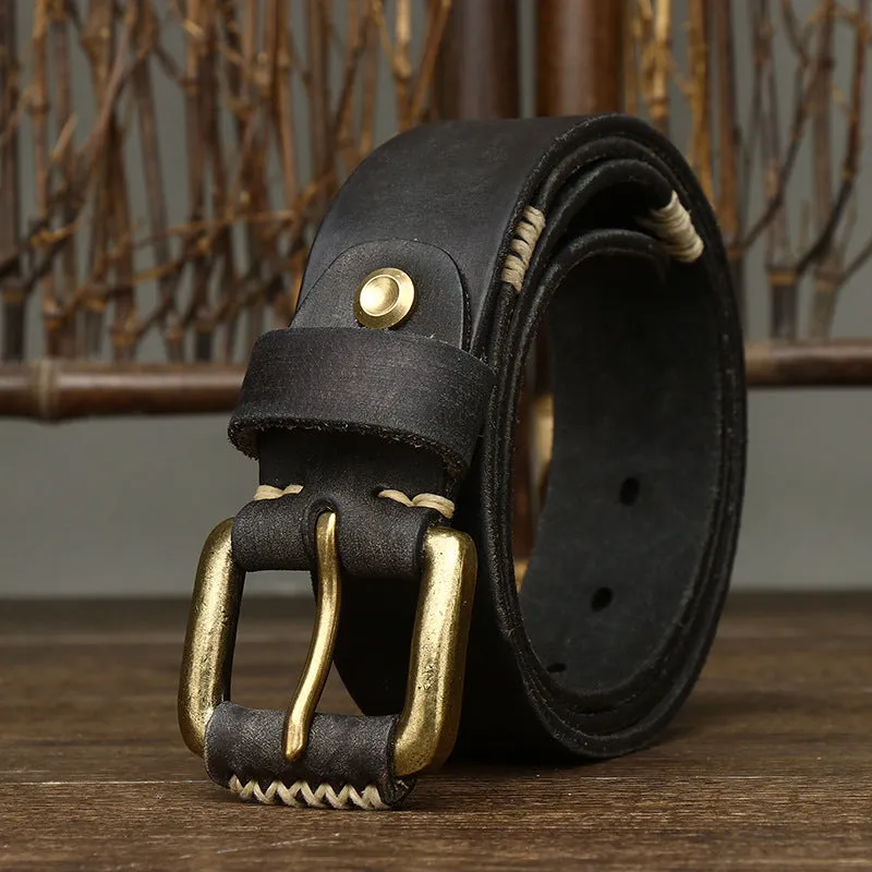 Handmade retro genuine cow leather belt with copper buckle in brown colour