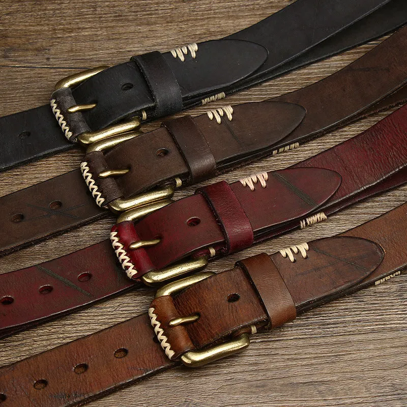 Handmade retro genuine cow leather belt with copper buckle in brown colour