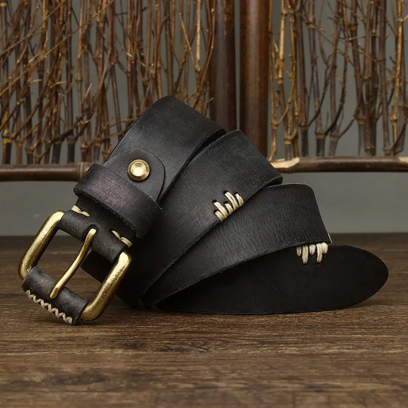 Handmade retro genuine cow leather belt with copper buckle in brown colour