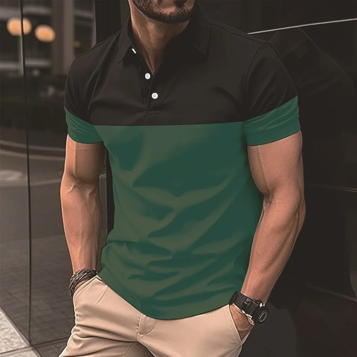 Men's casual polo shirt top short sleeve polyester fibre in light blue, front view.