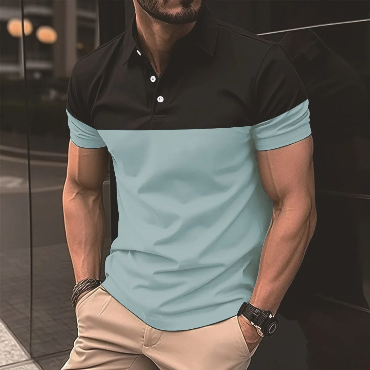 Men's casual polo shirt top short sleeve polyester fibre in light blue, front view.