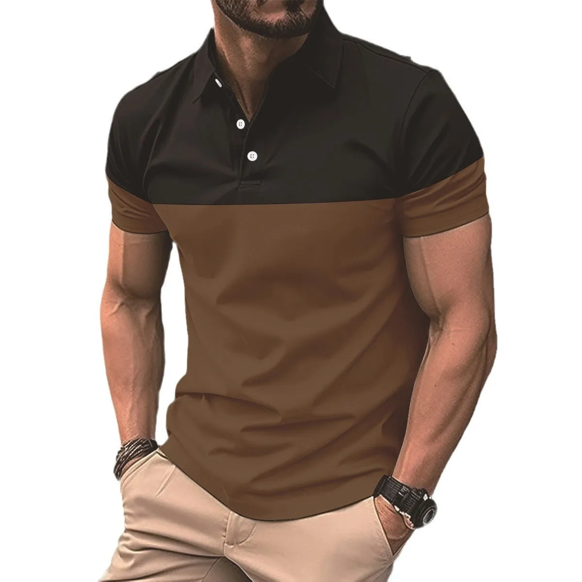 Men's casual polo shirt top short sleeve polyester fibre in light blue, front view.