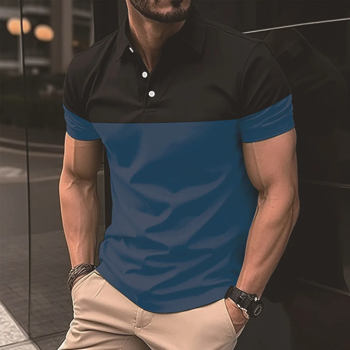 Men's casual polo shirt top short sleeve polyester fibre in light blue, front view.