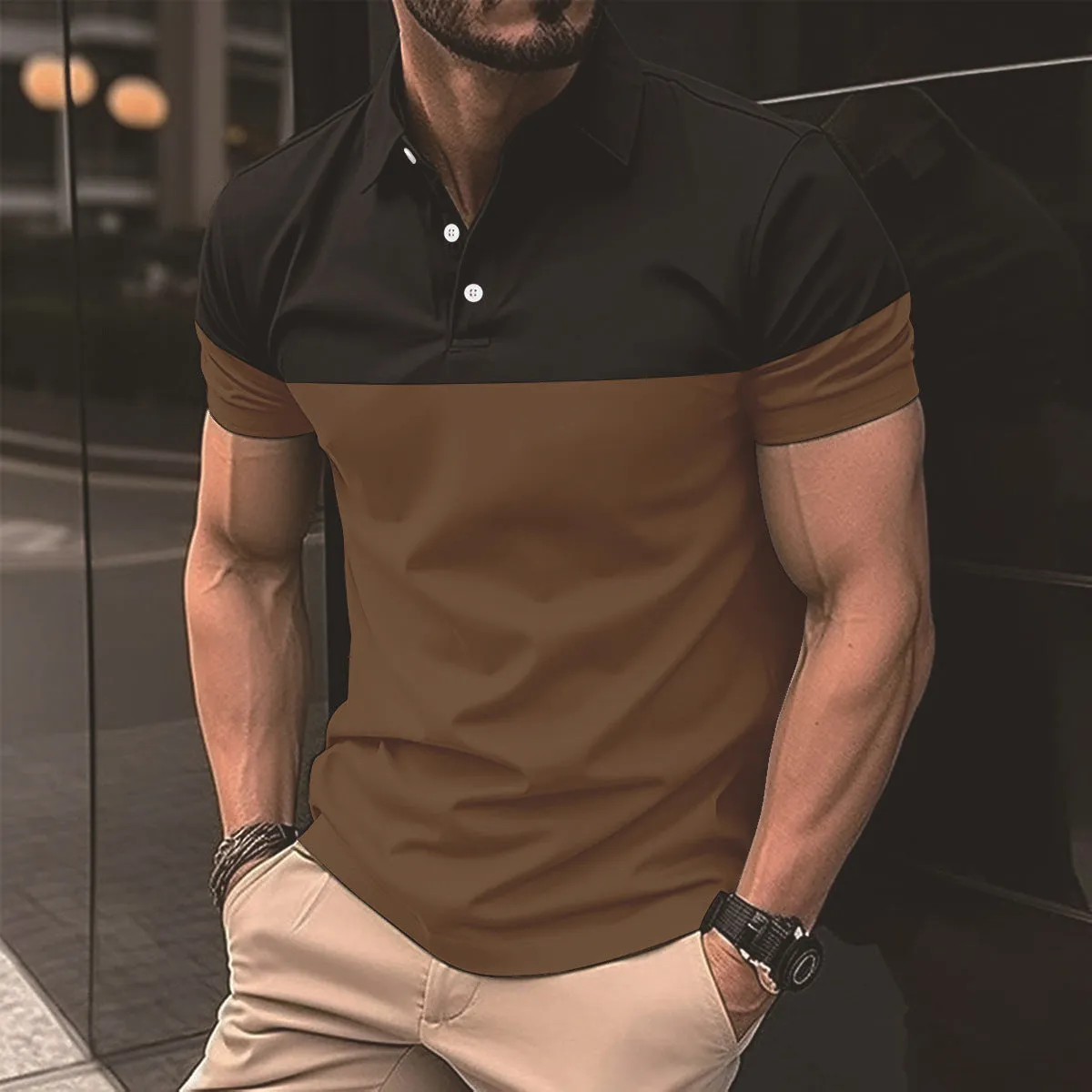 Men's casual polo shirt top short sleeve polyester fibre in light blue, front view.