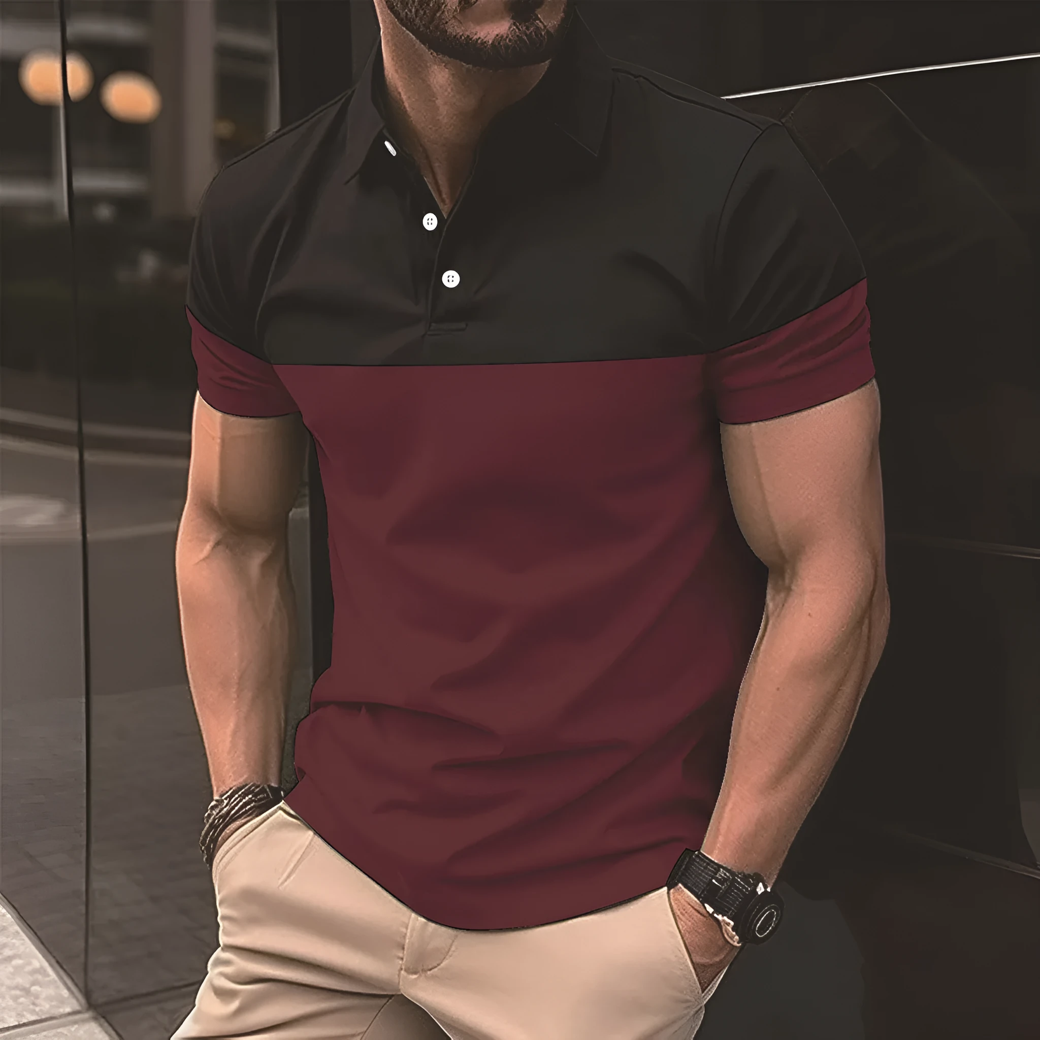 Men's casual polo shirt top short sleeve polyester fibre in light blue, front view.