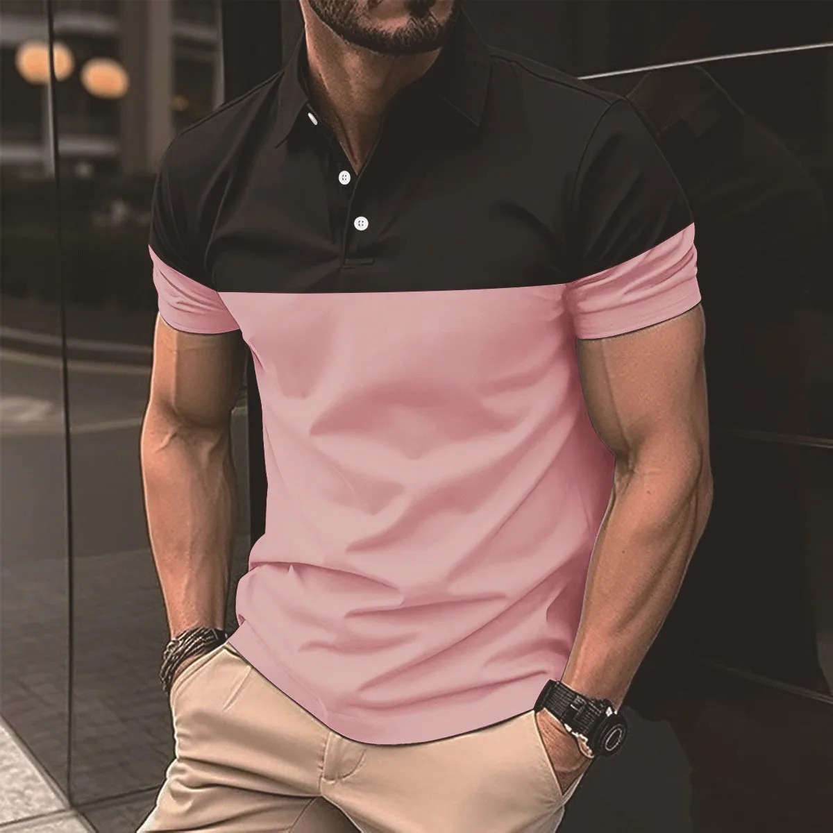 Men's casual polo shirt top short sleeve polyester fibre in light blue, front view.