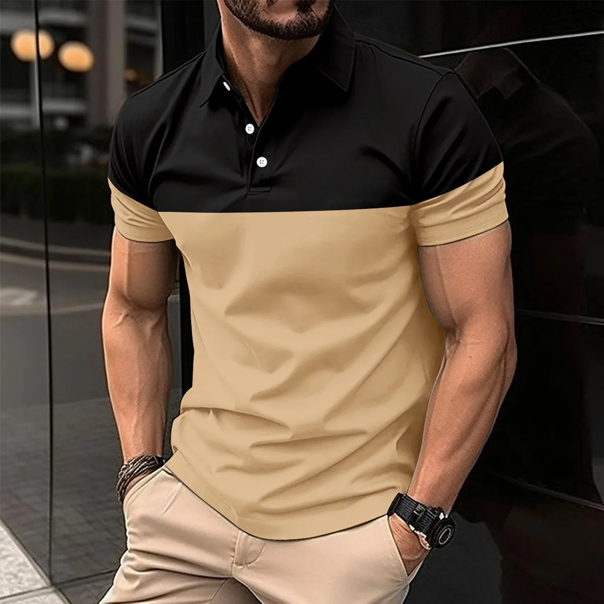 Men's casual polo shirt top short sleeve polyester fibre in light blue, front view.