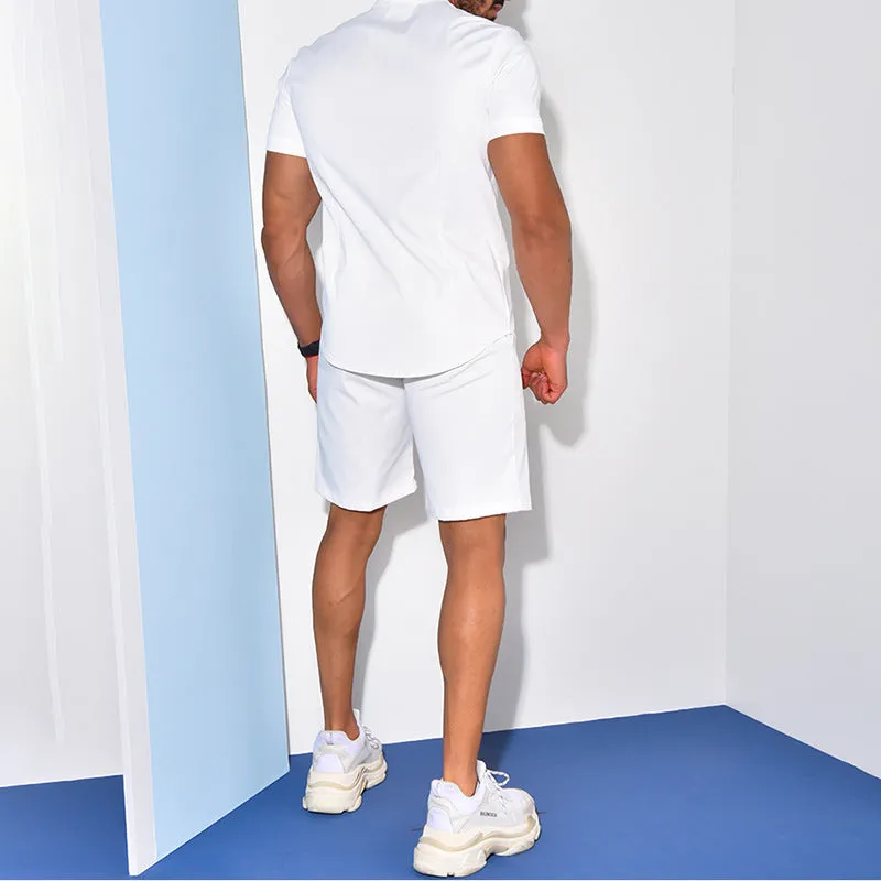 Men's two-piece short sleeve suit set with polyester shirt and shorts in khaki, white, and light blue
