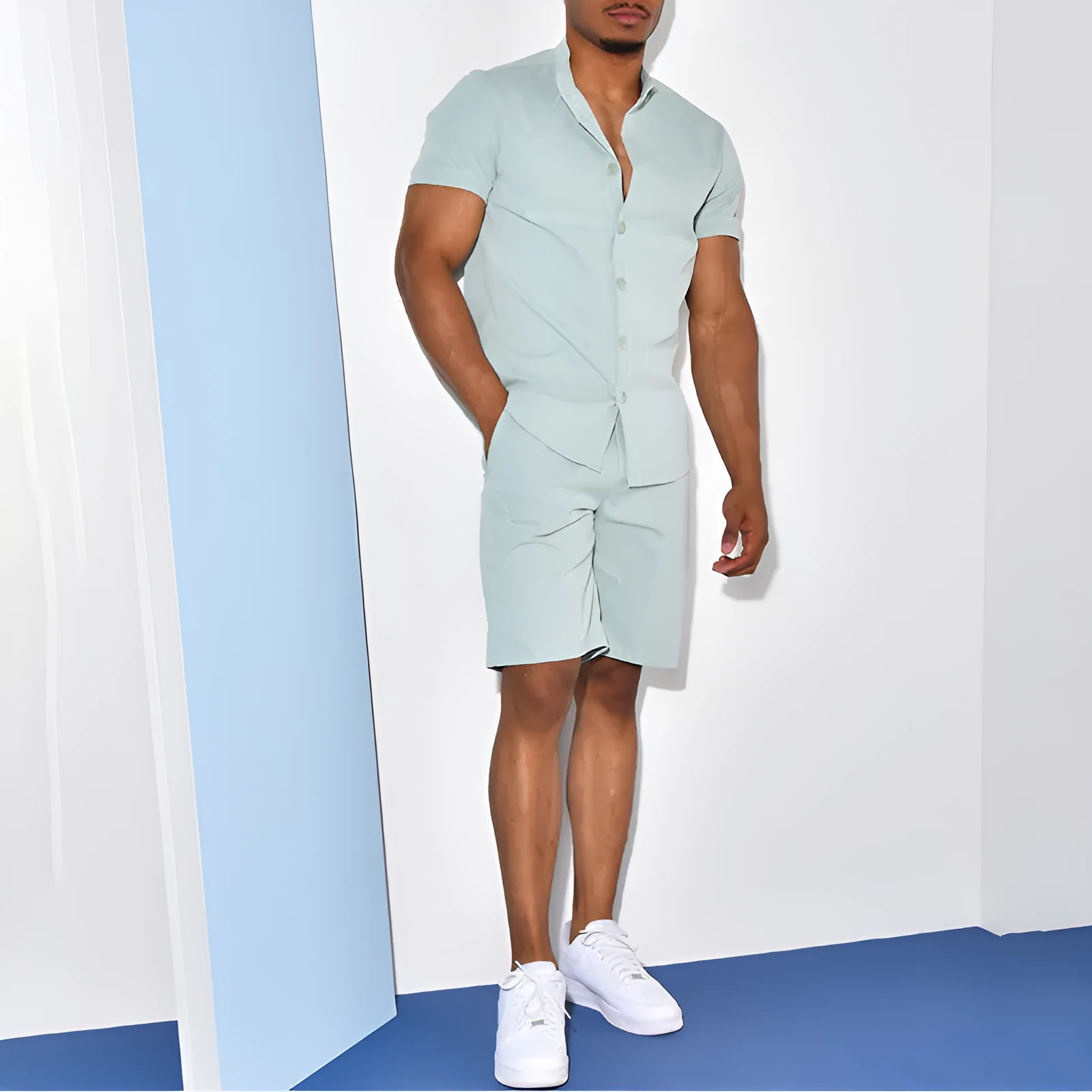 Men's two-piece short sleeve suit set with polyester shirt and shorts in khaki, white, and light blue